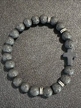 Lava Rock Stretch Bracelet With Cross Pendant